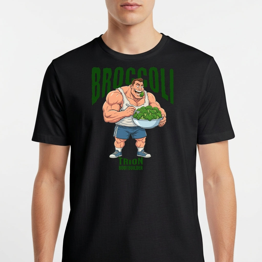 Camiseta com estampa frontal de um fisiculturista segurando uma tigela cheia de brócolis, com a palavra "Broccoli" em destaque acima dele.