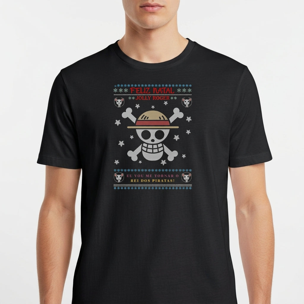 Camiseta com estampa frontal de caveira estilizada com chapéu, ossos cruzados, flocos de neve, pequenos crânios e a frase "Feliz Natal" acima.