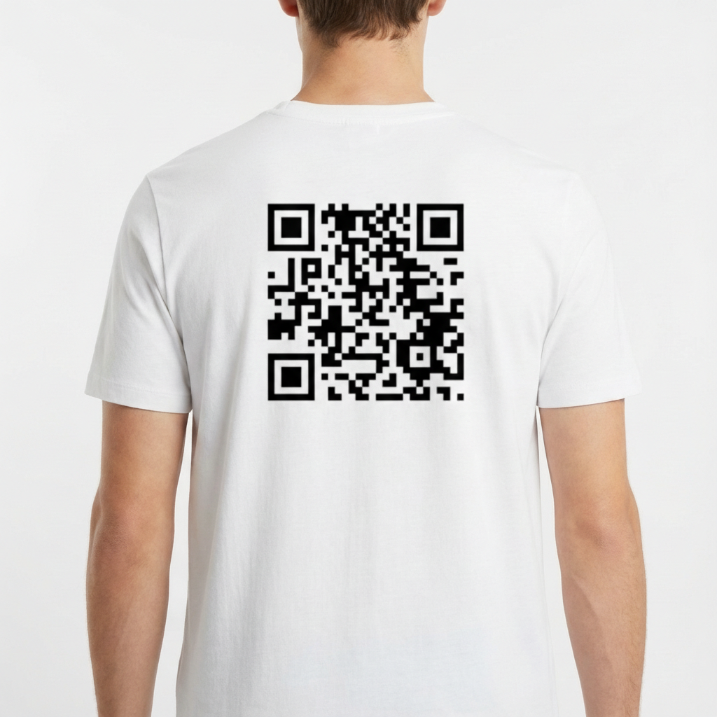 Camiseta com estampa frontal de cão estilizado em círculo lilás, com os dizeres "Heaven's Meme Ambassador" em rosa e estampa traseira de QR Code.