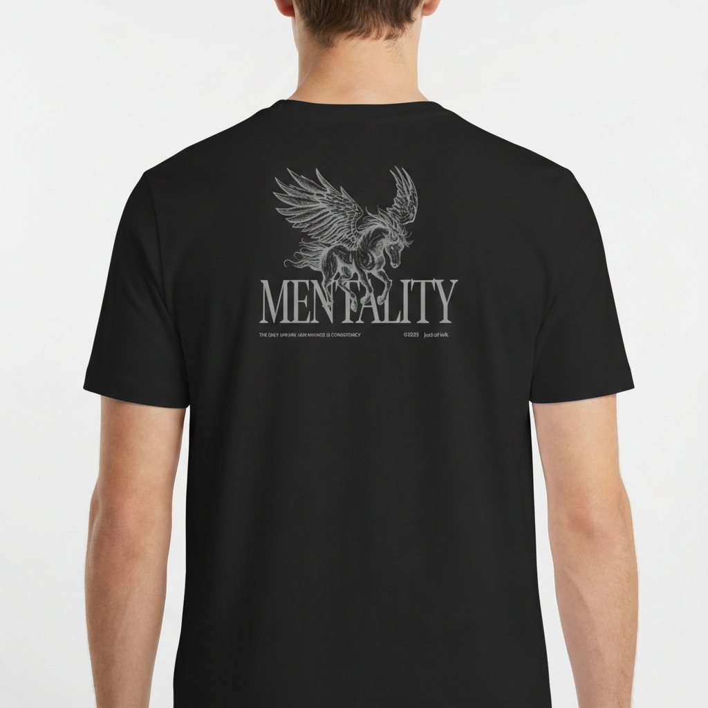 Camiseta com estampa frontal de cavalo alado detalhado e a palavra "Just Right" abaixo, e estampa traseira com o mesmo cavalo alado sobre palavra "MENTALITY".