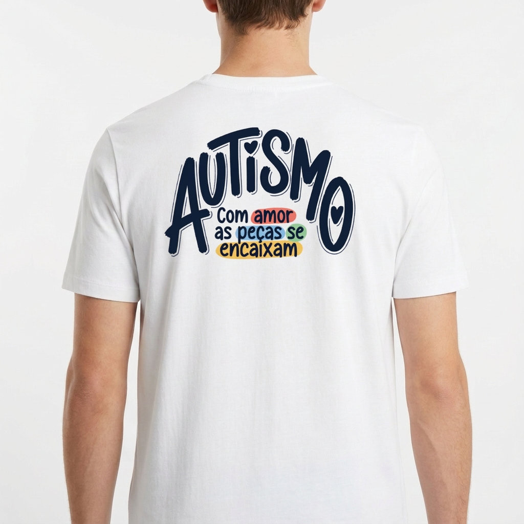 Camiseta com estampa frontal de mãos formando coração com peças de quebra-cabeça coloridas e estampa traseira com frase sobre autismo em diferentes cores.