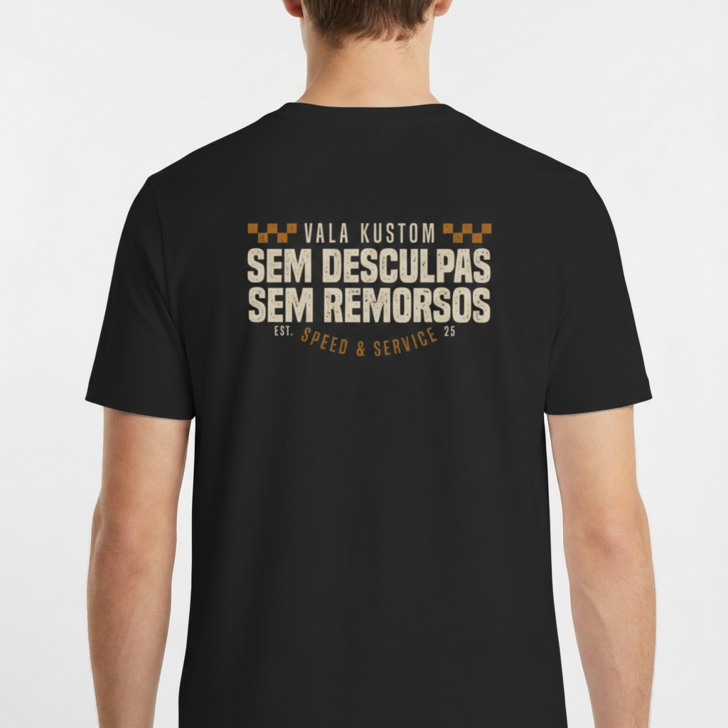Camiseta com estampa frontal de um emblema pequeno com a palavra "VALA" e estampa traseira com texto "VALA KUSTOM SEM DESCULPAS SEM REMORSOS" e detalhes geométricos.