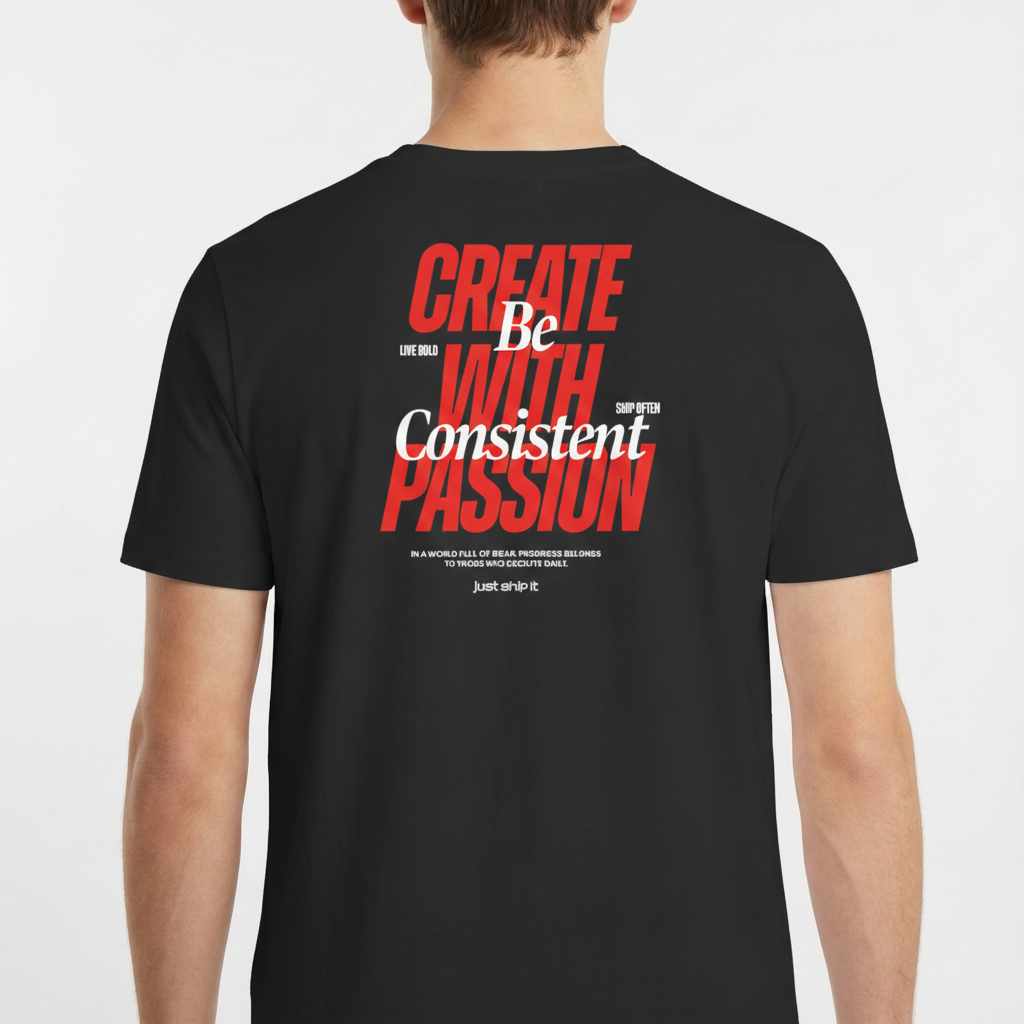 Camiseta com estampa frontal de "CREATE WITH PASSION" e "just ship it"; estampa traseira de "CREATE WITH PASSION Be Consistent" e textos motivacionais adicionais.