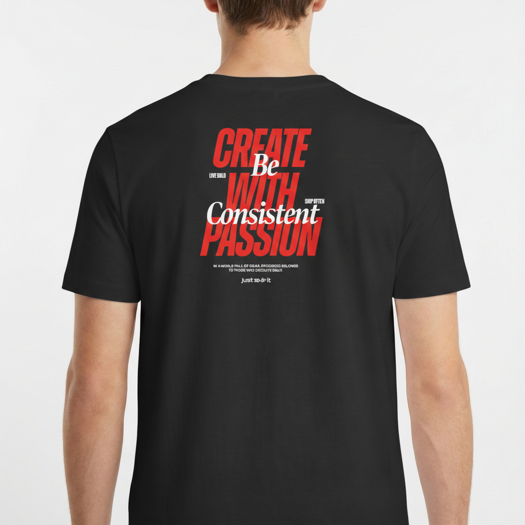 Camiseta com estampa frontal de "Create With Passion" em letras grandes e estampa traseira de "Be Consistent" estilizado entre frases motivacionais adicionais.