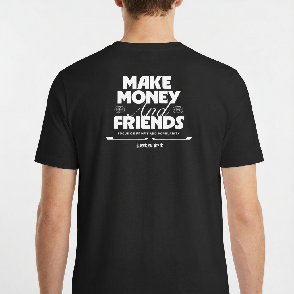 Camiseta com estampa frontal de texto estilizado "just ship it" e ícones circulares e estampa traseira de frase inspiradora "MAKE MONEY AND FRIENDS".