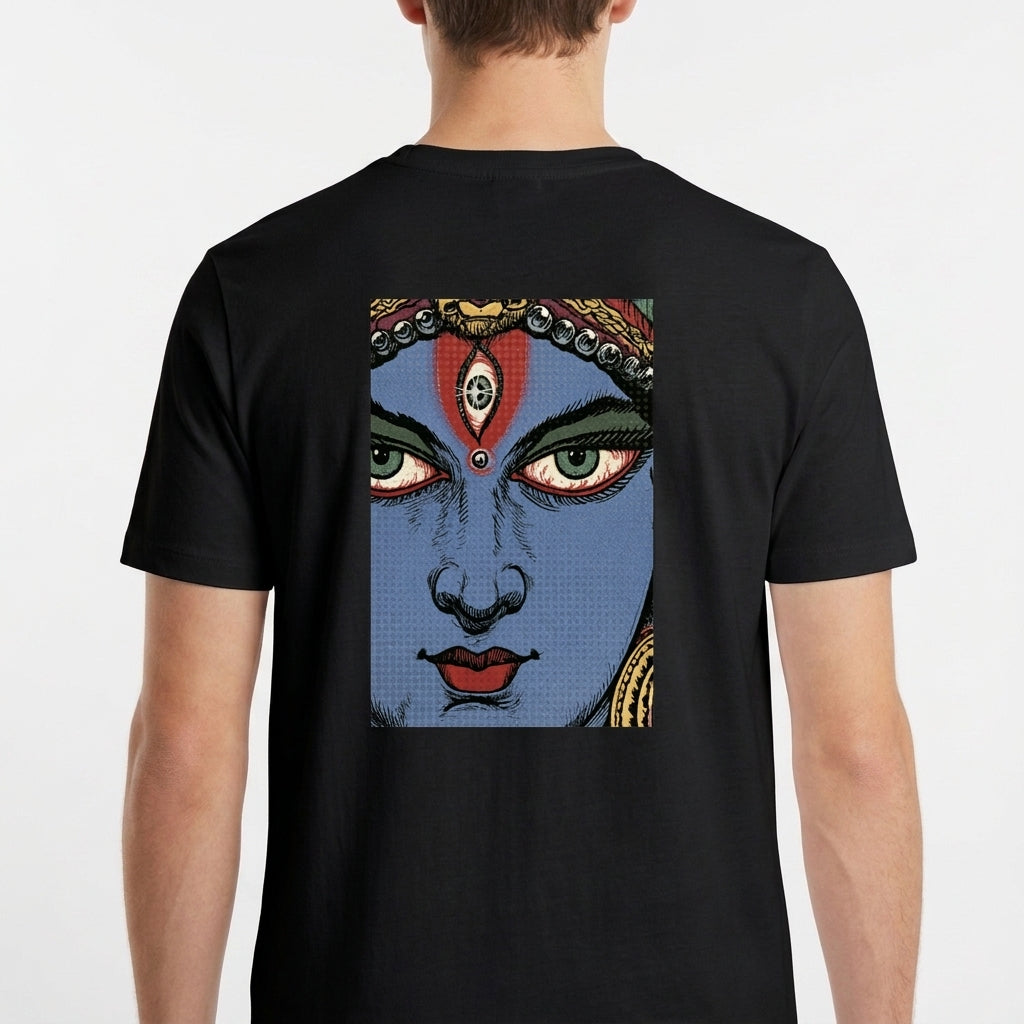 Camiseta com estampa frontal de letras estilizadas com efeito de estrela e estampa traseira de rosto detalhado em estilo ilustração com adornos.