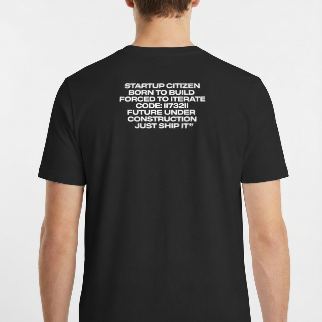 Camiseta com estampa frontal de texto "Just Ship It®" e estampa traseira de múltiplas linhas com frases como "Startup Citizen" e "Future Under Construction".