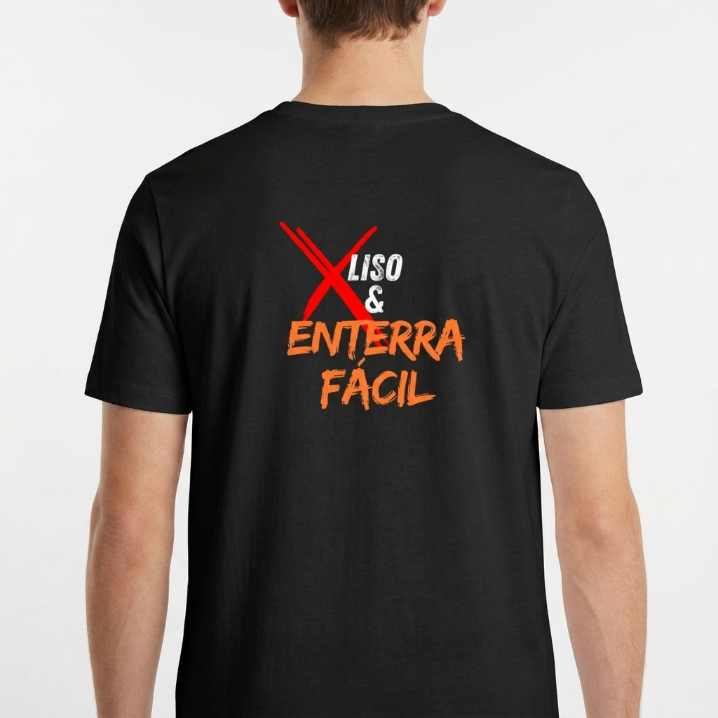 Camiseta com estampa frontal de símbolo de basquete com palavras associadas e estampa traseira de texto com destaque para "Liso & Enterra Fácil".