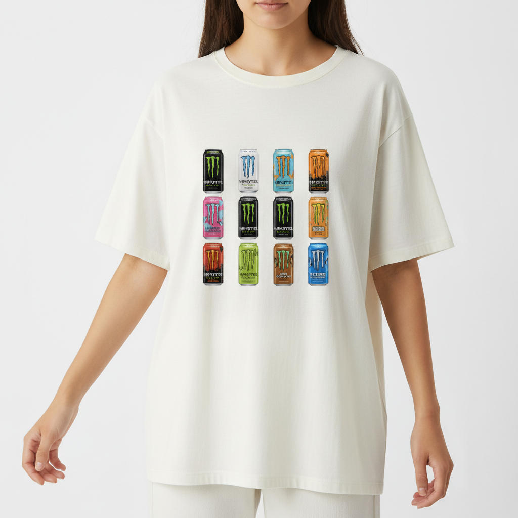 Camiseta com estampa frontal de 12 latas de energéticos dispostas em três linhas e quatro colunas, cada uma com um design e cores distintos.
