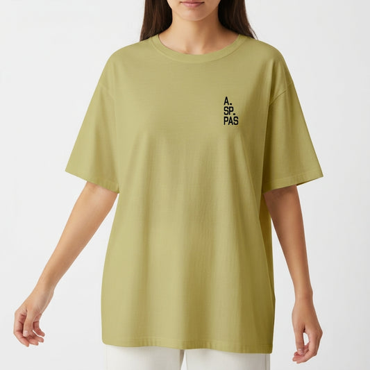Camiseta com estampa frontal de texto "A.SP.PAS" verticalmente e estampa traseira de mapa contornado com "1554" centralizado e "SÃO PAULO" abaixo.