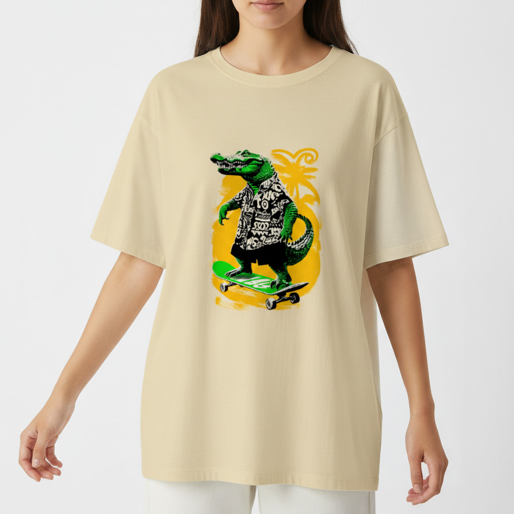 Camiseta com estampa frontal de crocodilo em camisa havaiana sobre skate, com palmeira ao fundo.