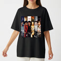 Camiseta com estampa frontal de montagem composta por diversas imagens lado a lado de um cantor famoso em diferentes trajes e estilos clássicos.