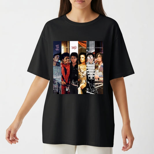 Camiseta com estampa frontal de montagem composta por diversas imagens lado a lado de um cantor famoso em diferentes trajes e estilos clássicos.