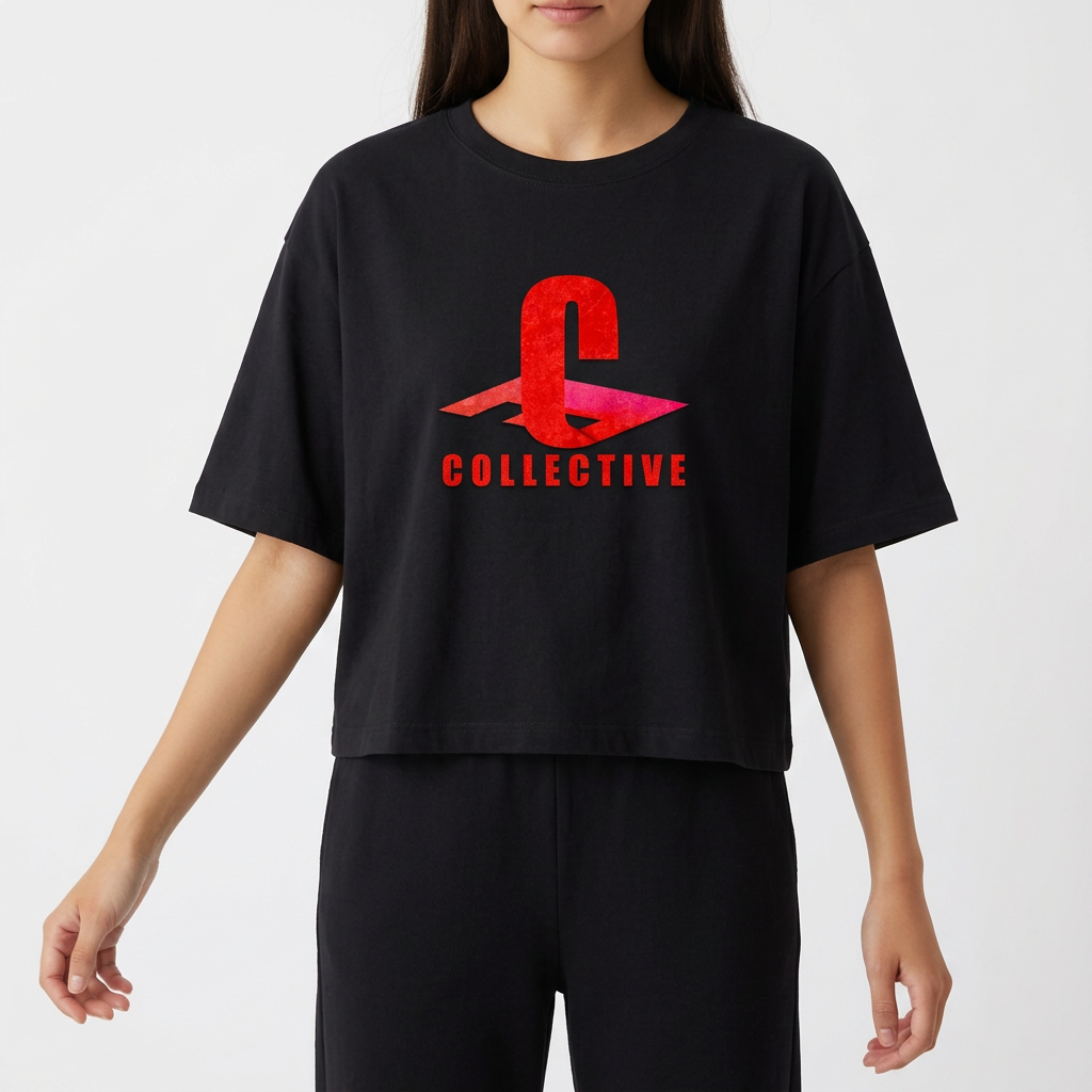 Camiseta com estampa frontal de uma letra "C" estilizada sobre um plano geométrico, acompanhada da palavra "COLLECTIVE" em destaque abaixo.