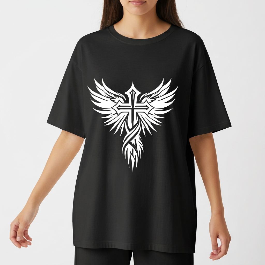 Camiseta com estampa frontal de uma cruz estilizada com asas abertas e estampa traseira de palavra "LUNOVA" seguida por "FÉ • FOCO • CONQUISTA".