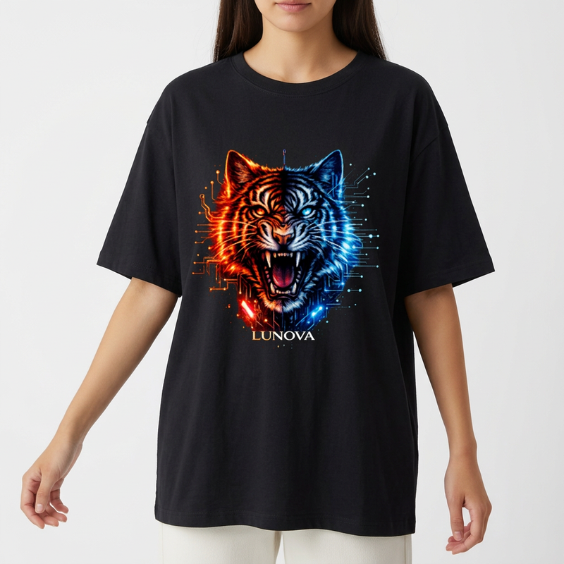 Camiseta com estampa frontal de um tigre em meio rugido, metade em estilo de circuitos eletrônicos laranja e metade azul, com o texto "LUNOVA" abaixo.