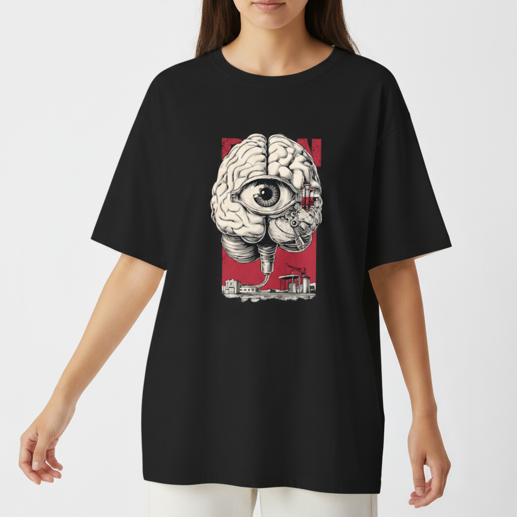 Camiseta com estampa frontal de um cérebro detalhado, integrando um olho central e uma cena industrial ao fundo em um design surrealista.