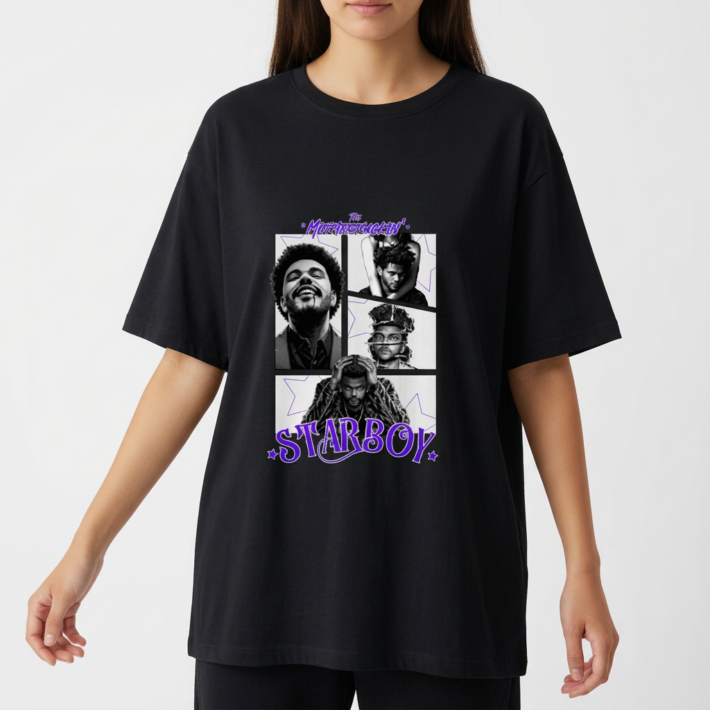 Camiseta com estampa frontal de três retratos contrastantes em quadrados, título acima das imagens e a palavra "Starboy" em destaque na parte inferior.