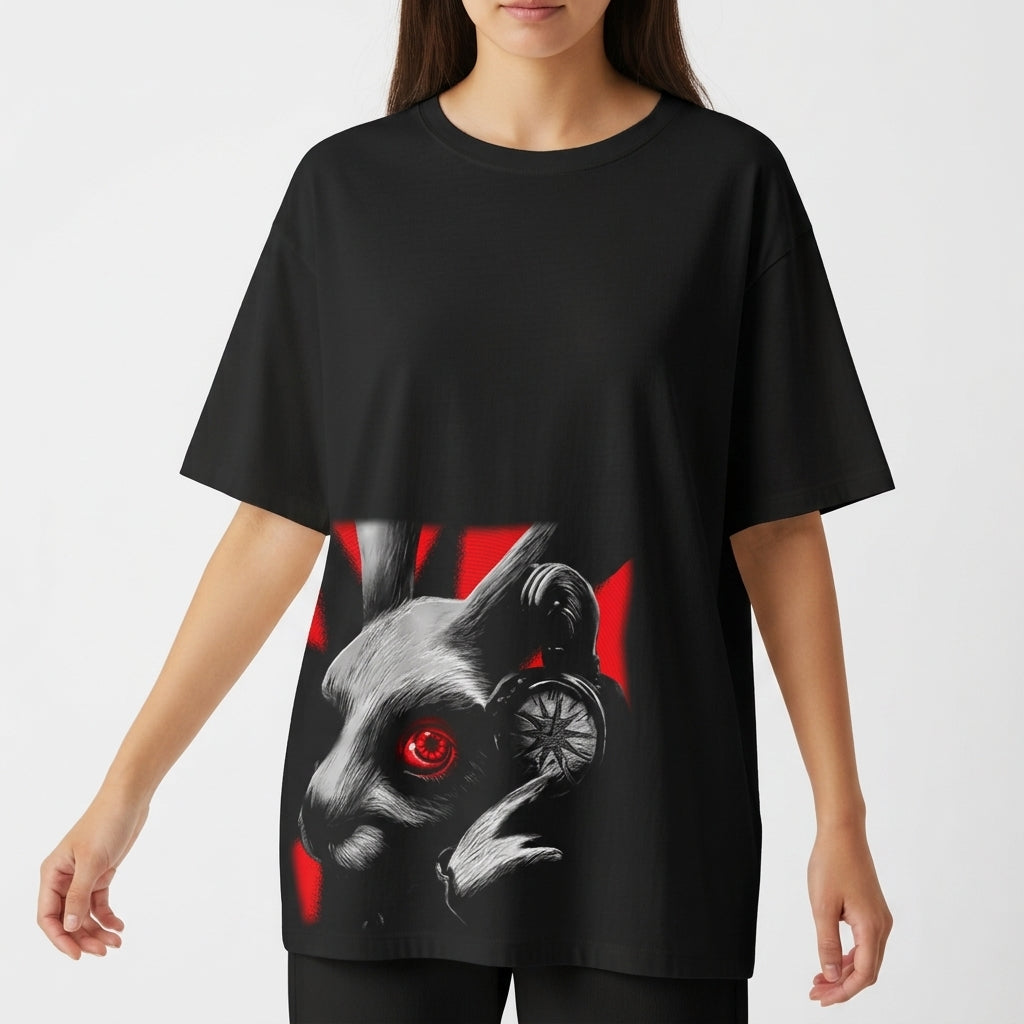 Camiseta com estampa frontal de coelho segurando um relógio de pulso, com detalhes impactantes em realce e fundo de raios estilizados.