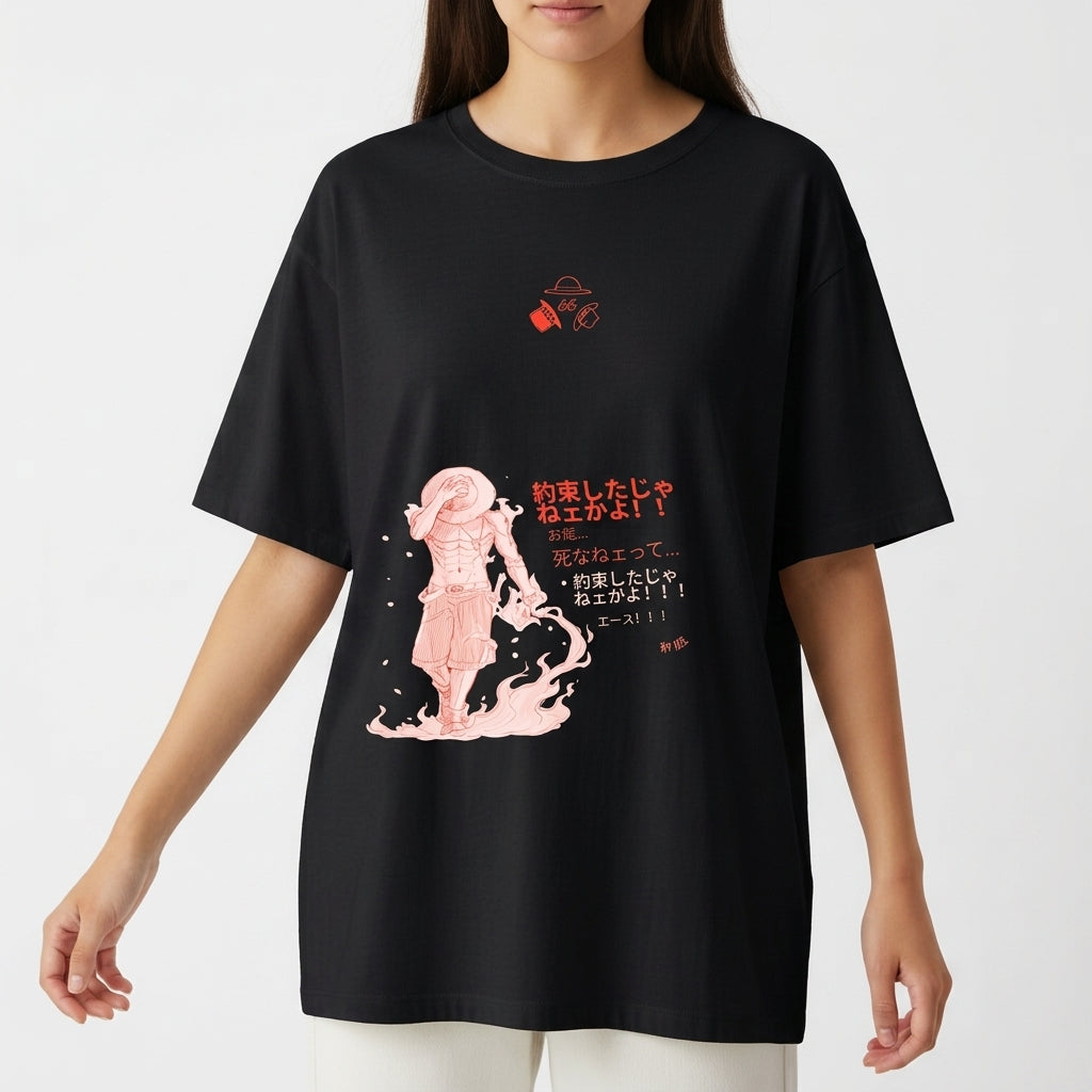 Camiseta com estampa frontal de personagem em posição dinâmica com texto em estilo japonês, e estampa traseira de quadrinhos com cenas e personagens em contraste.