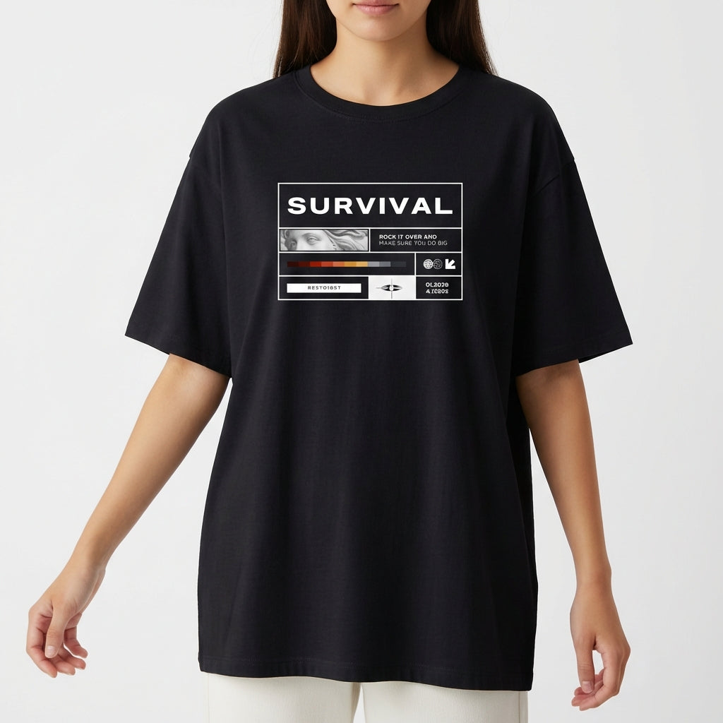 Camiseta com estampa frontal de uma colagem contendo a palavra "SURVIVAL", imagem clássica parcial, barras em cores e diversos símbolos geométricos.