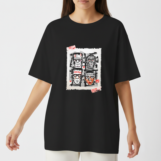 Camiseta com estampa frontal de retratos estilizados de monstros clássicos em um layout tipo colagem de quadrinhos, incluindo elementos de cartas postais.