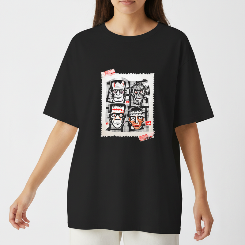 Camiseta com estampa frontal de retratos estilizados de monstros clássicos em um layout tipo colagem de quadrinhos, incluindo elementos de cartas postais.