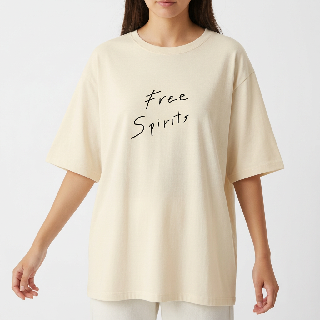 Camiseta com estampa frontal de texto "Free Spirits" em fonte cursiva fluida e estampa traseira discreta com texto "Grateful & Bohemian" em estilo manuscrito.