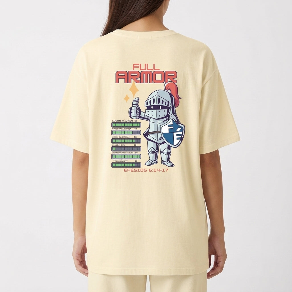 Camiseta com estampa traseira de cavaleiro segurando escudo e espada, texto "Full Armor", listas digitais estilo painel de controle e referência de Efésios 6:14-17.