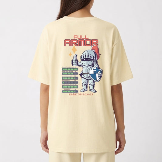 Camiseta com estampa traseira de cavaleiro segurando escudo e espada, texto "Full Armor", listas digitais estilo painel de controle e referência de Efésios 6:14-17.