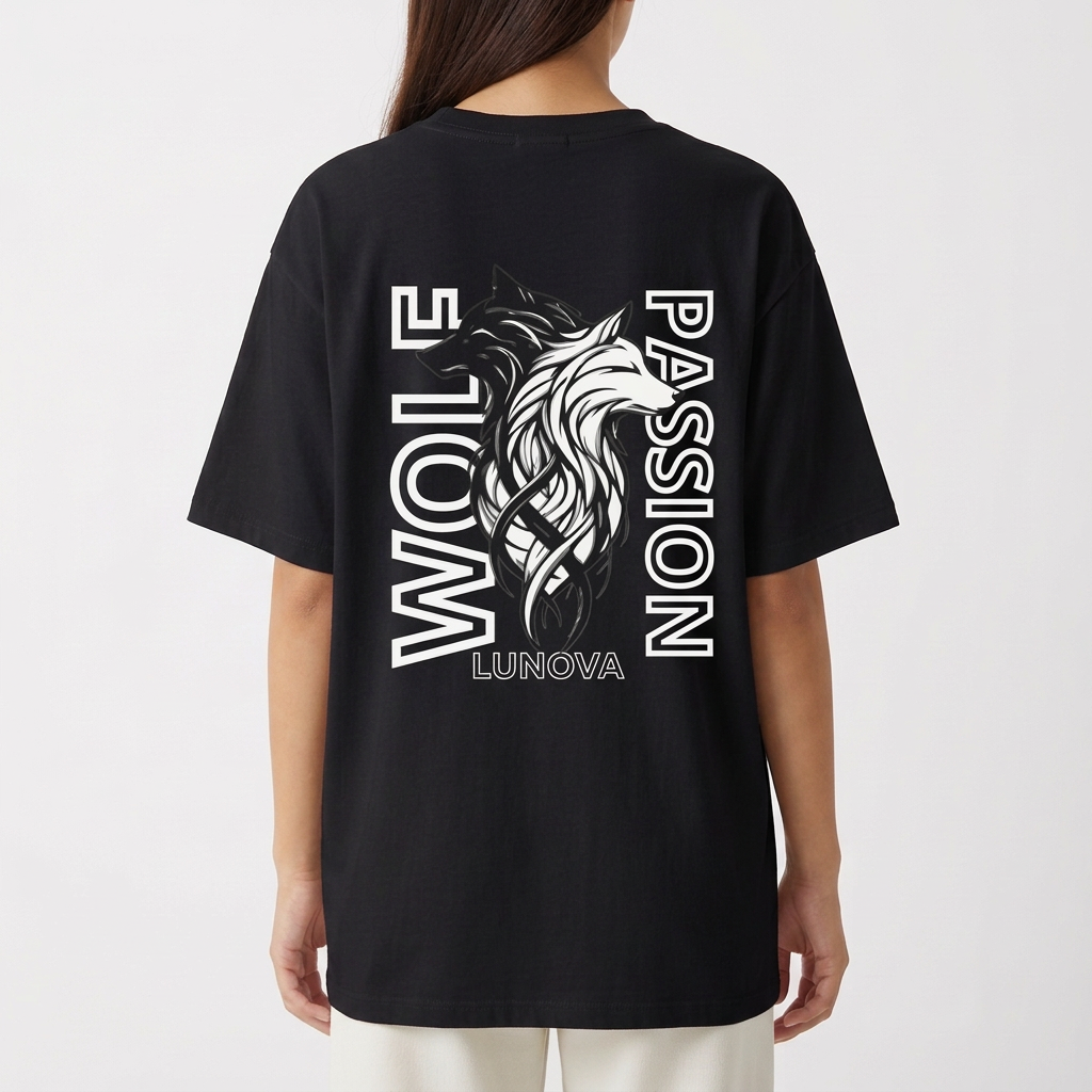 Camiseta com estampa frontal de "LUNOVA" e estampa traseira de lobo artístico com textos "WOLF PASSION" e "LUNOVA".
