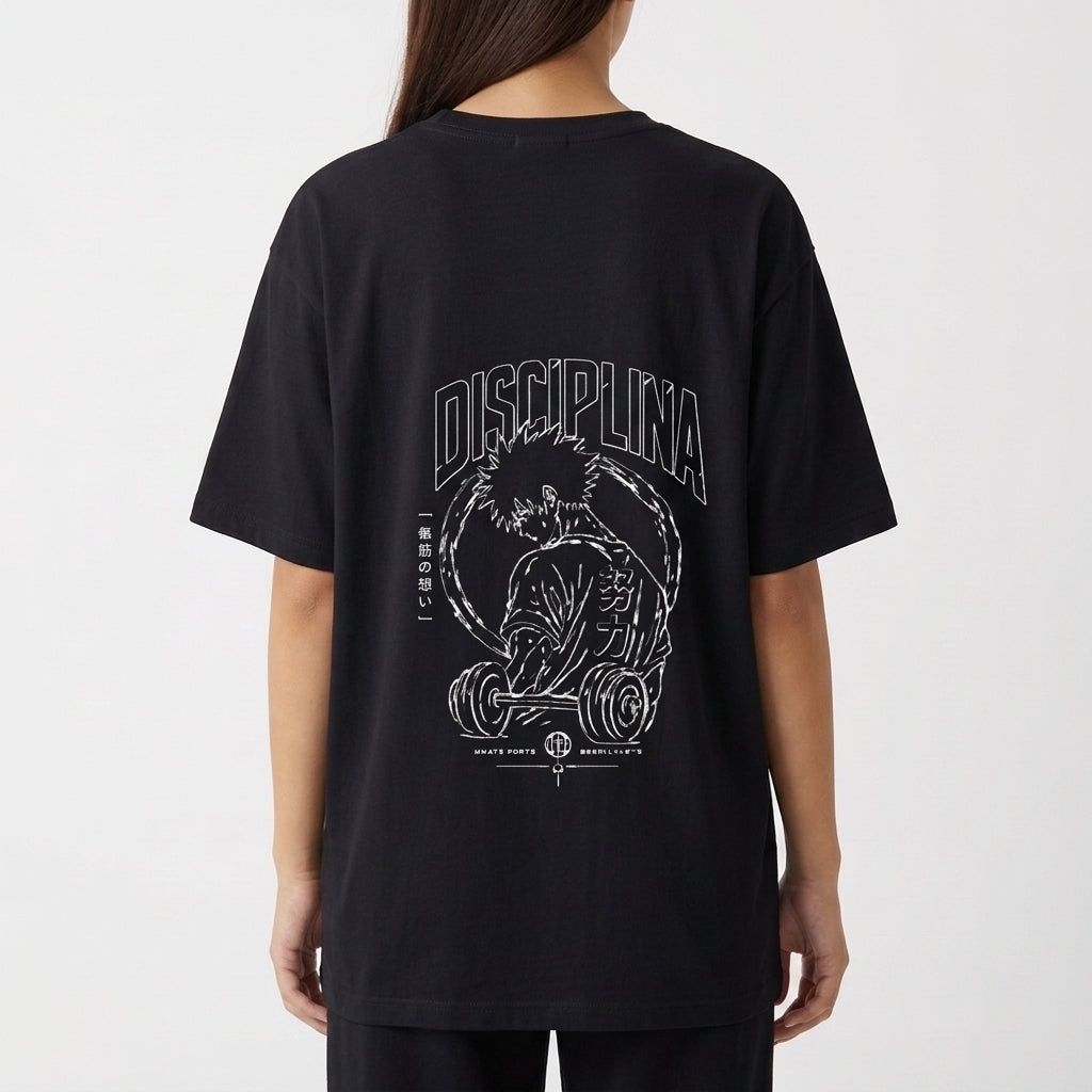 Moletom com estampa frontal de personagem musculoso levantando pesos grandes, cercado por detalhes abstratos e a palavra "DISCIPLINA" em destaque acima.