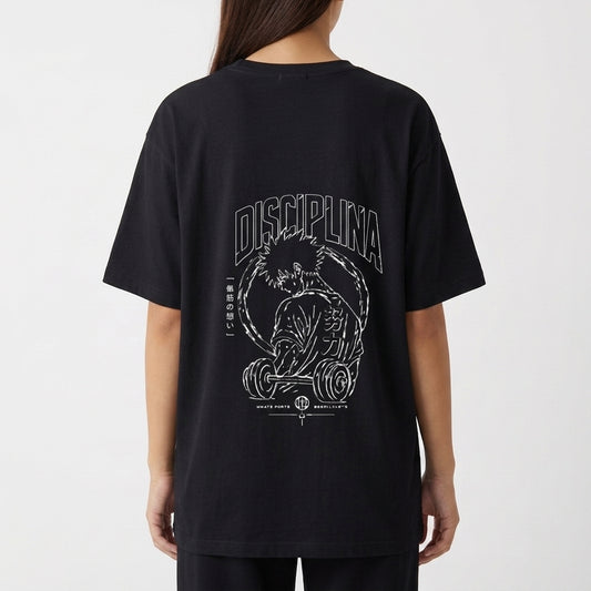 Moletom com estampa frontal de personagem musculoso levantando pesos grandes, cercado por detalhes abstratos e a palavra "DISCIPLINA" em destaque acima.