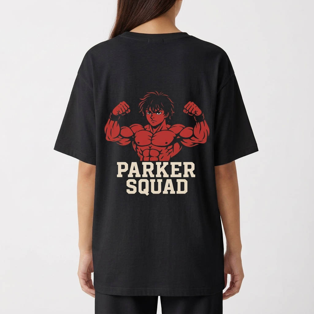 Camiseta com estampa frontal de logotipo estilizado e estampa traseira de personagem musculoso com cabelos curtos, acompanhada das palavras "Parker Squad".