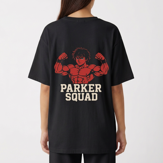 Camiseta com estampa frontal de logotipo estilizado e estampa traseira de personagem musculoso com cabelos curtos, acompanhada das palavras "Parker Squad".