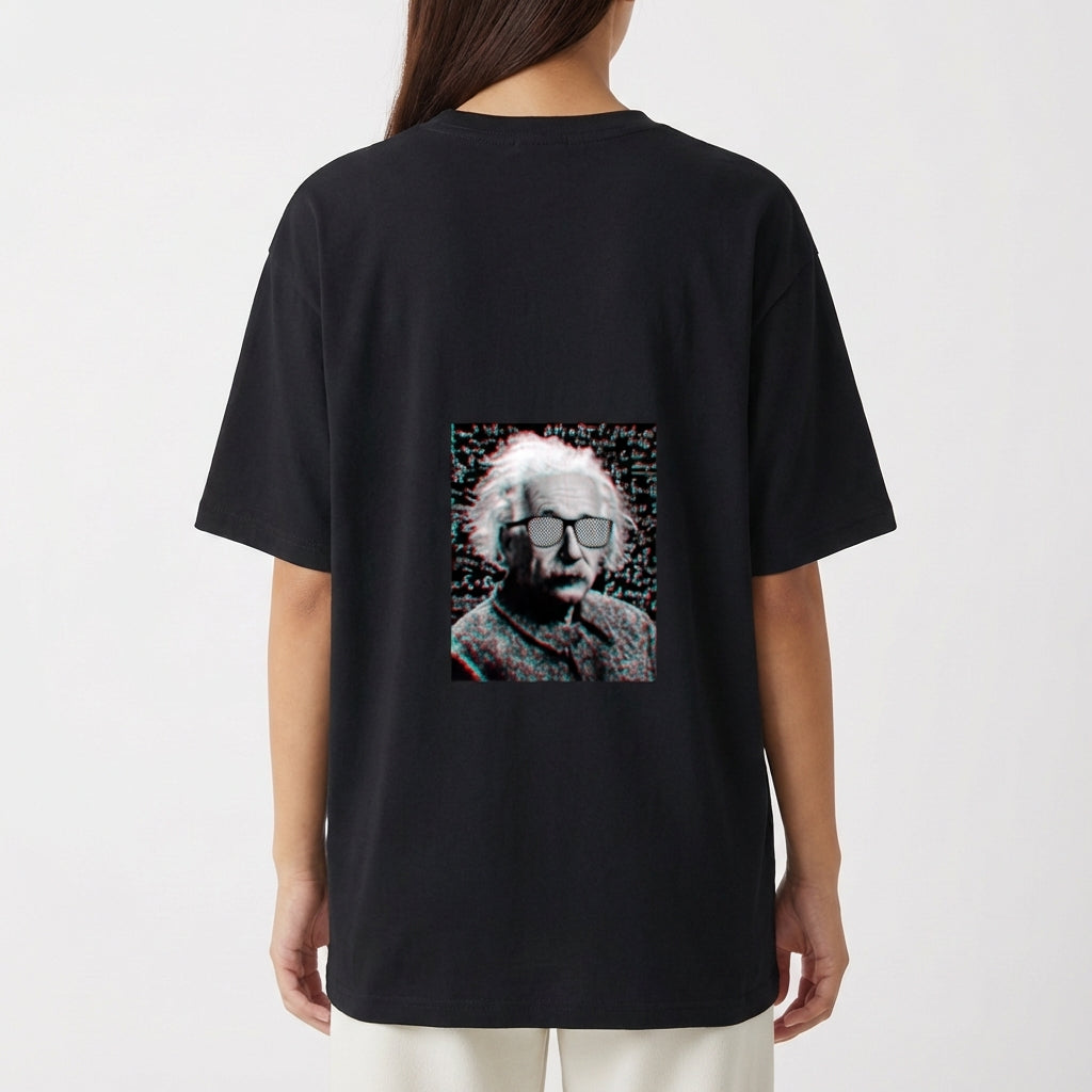 Camiseta com estampa frontal de pequeno símbolo hexagonal abstrato e estampa traseira de retrato detalhado de cientista icônico com efeito vintage.