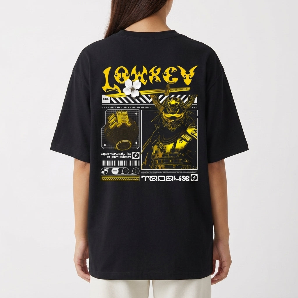 Camiseta com estampa frontal de duas mãos cruzadas segurando um controle de videogame e estampa traseira de design futurista com samurai e texto gráfico.