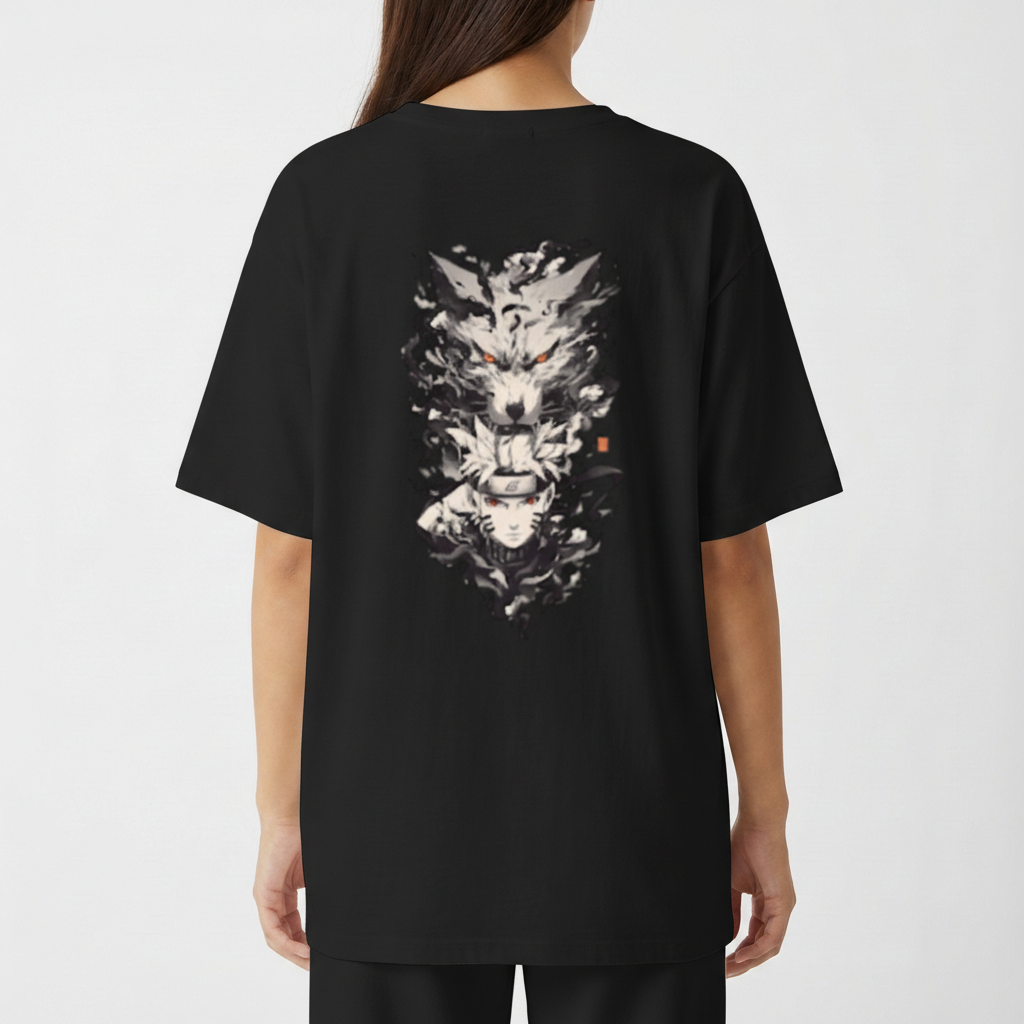 Camiseta com estampa frontal de rosto tribal minimalista e estampa traseira de montagem detalhada de criaturas míticas sobrepostas com feições impactantes.