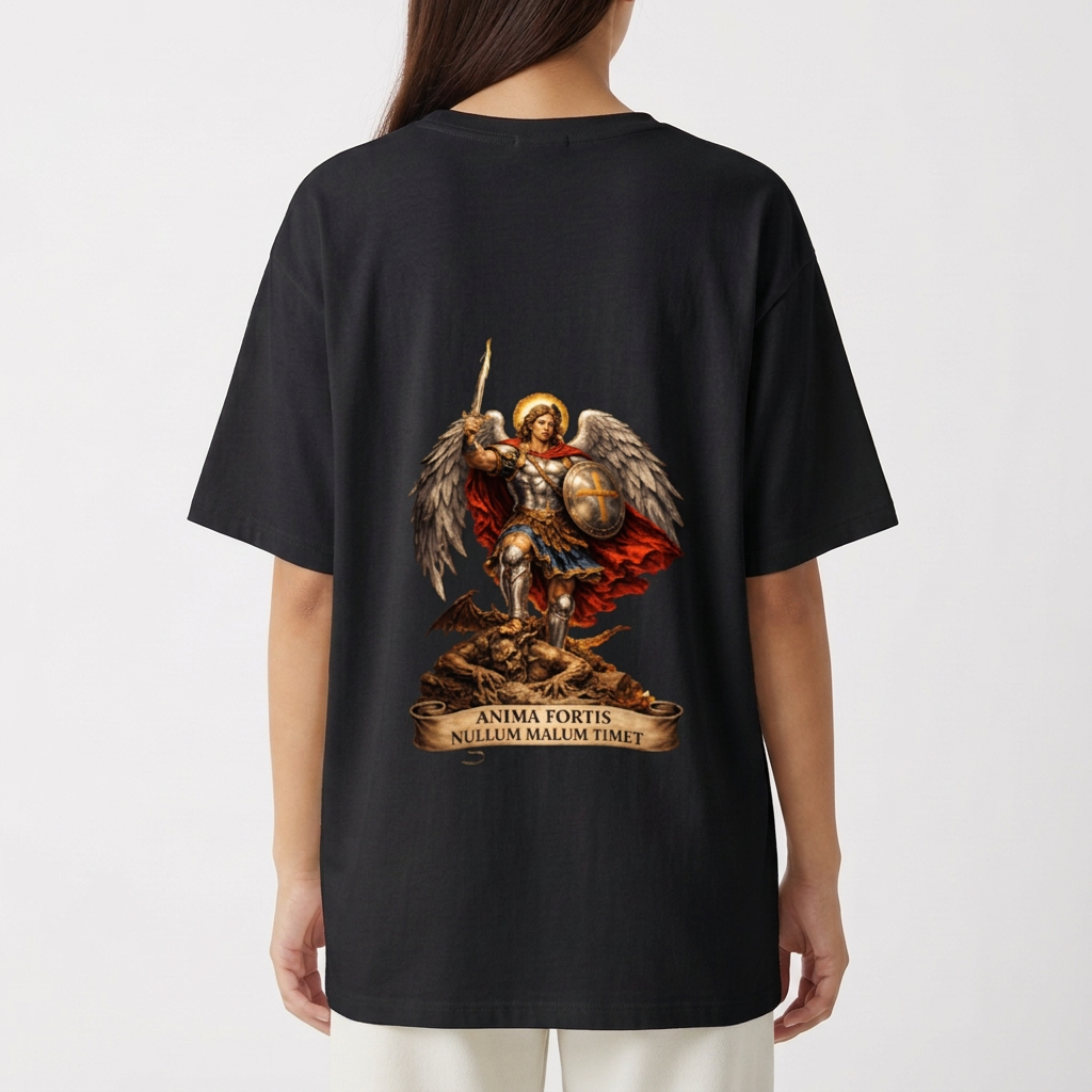 Camiseta com estampa frontal de letras estilizadas "PK" e estampa traseira de figura angelical armada sobre rochas, com frase latina em faixa abaixo.