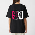 Camiseta com estampa frontal de números grandes e texto "Salmo 91:4" e estampa traseira semelhante, destacando os números e a mesma frase.