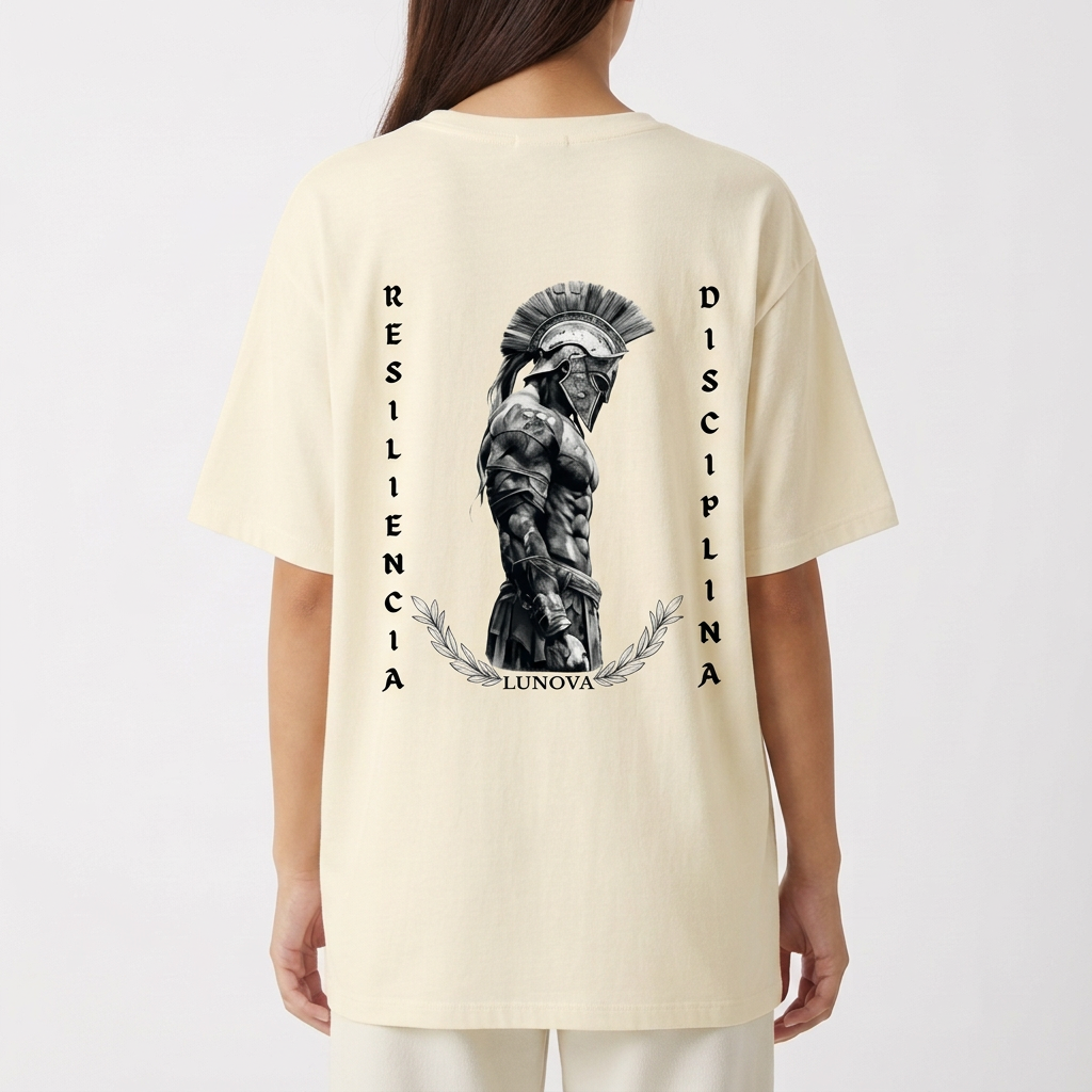 Camiseta com estampa frontal de triângulo contendo figura central simétrica e texto "LUNOVA" e estampa traseira de guerreiro ao centro com inscrições laterais.