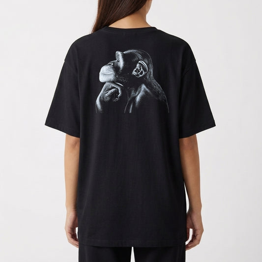 Camiseta com estampa traseira de um chimpanzé em perfil, com expressão pensativa, retratado em detalhes realistas que destacam seu contorno e texturas.