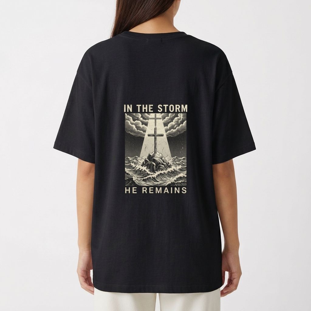 Camiseta com estampa frontal de texto decorativo "OG" e estampa traseira de ilustração com cruz em paisagem tempestuosa e as palavras "In the Storm He Remains".