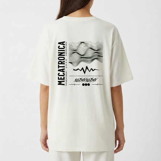 Camiseta com estampa frontal de logotipo do Instituto Federal e texto de localização e estampa traseira de elementos tecnológicos e a palavra "Mecatrônica".