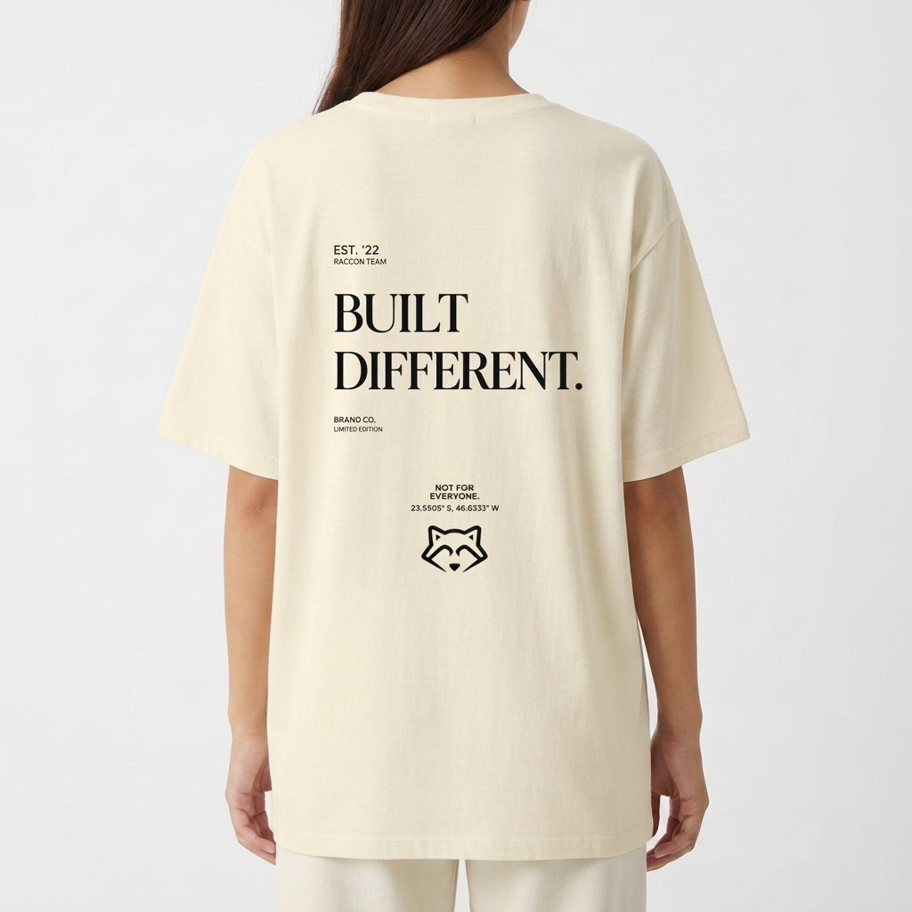 Camiseta com estampa frontal de texto estilizado "RACCONTEAM" e estampa traseira de frase "BUILT DIFFERENT." com símbolo e coordenadas detalhadas.