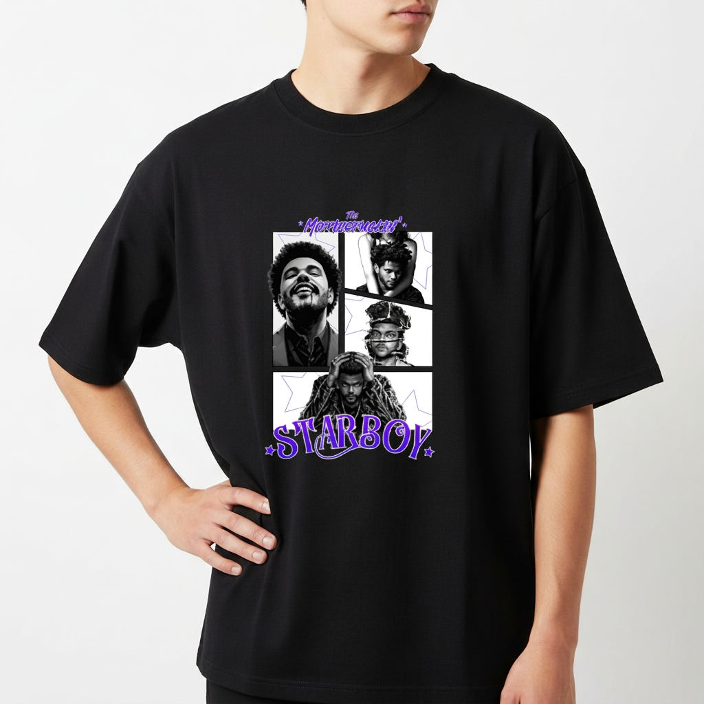 Camiseta com estampa frontal de três retratos contrastantes em quadrados, título acima das imagens e a palavra "Starboy" em destaque na parte inferior.
