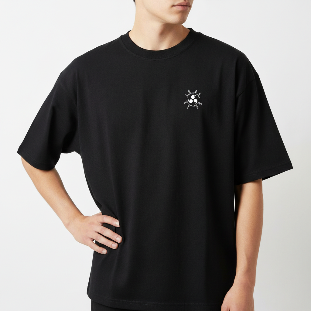 Camiseta com estampa frontal de símbolo circular estilizado com elementos radiais e estampa traseira de personagem detalhado em ação com caracteres orientais.