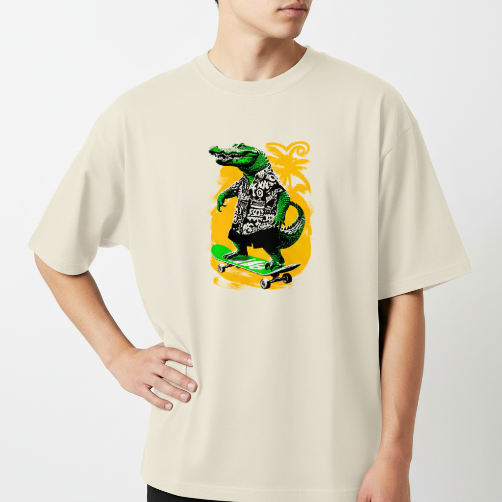 Camiseta com estampa frontal de crocodilo em camisa havaiana sobre skate, com palmeira ao fundo.