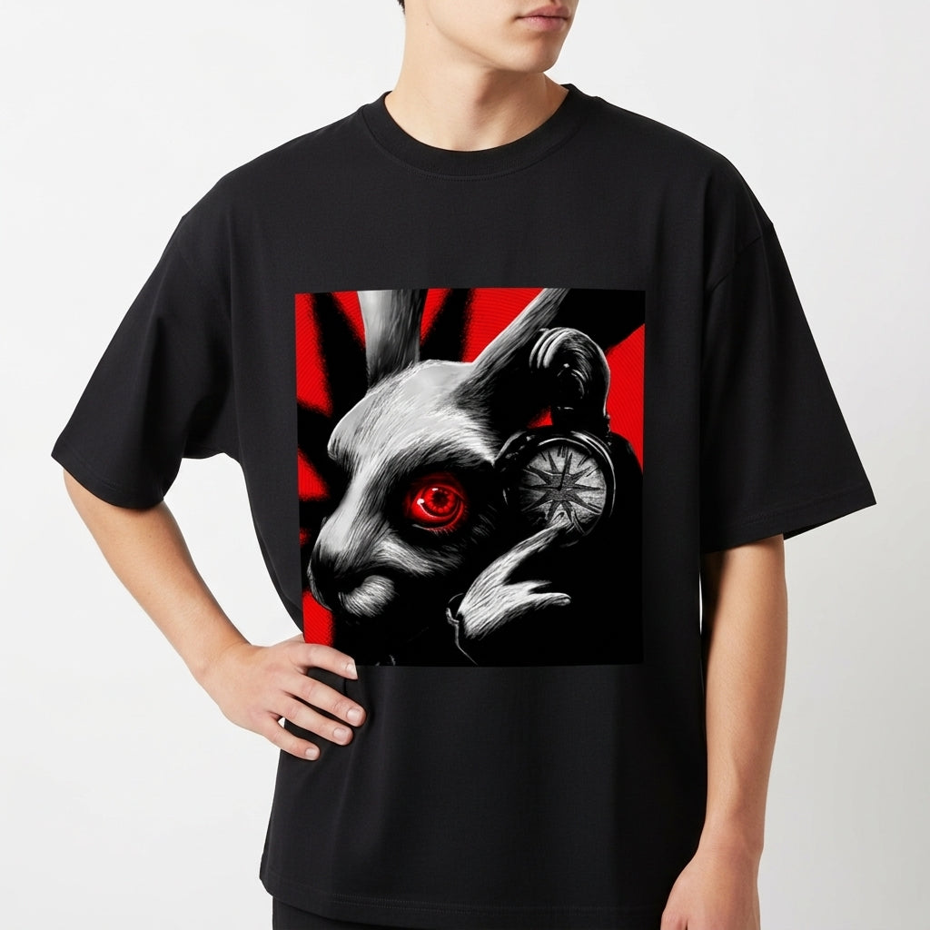 Camiseta com estampa frontal de coelho segurando um relógio de pulso, com detalhes impactantes em realce e fundo de raios estilizados.