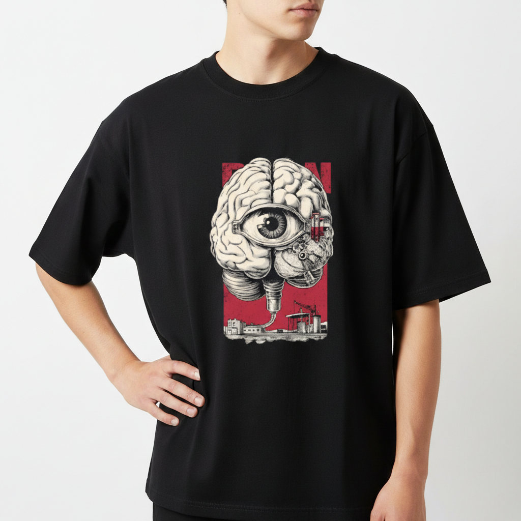 Camiseta com estampa frontal de um cérebro detalhado, integrando um olho central e uma cena industrial ao fundo em um design surrealista.